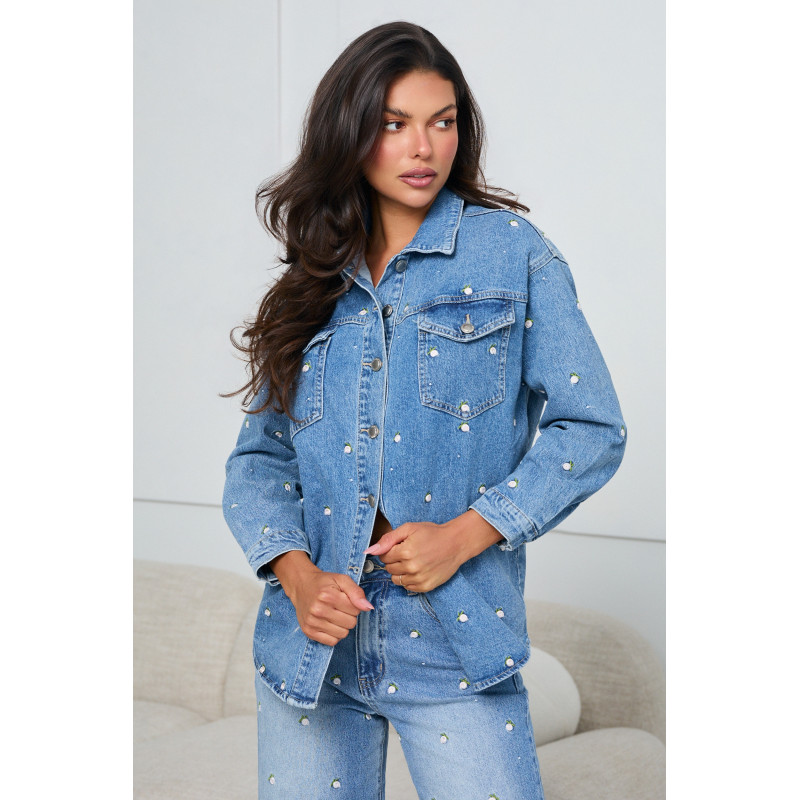 JEANSOWA KURTKA OVERSIZE  Z HAFTEM W KWIATY