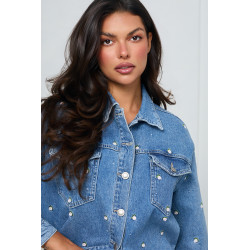 JEANSOWA KURTKA OVERSIZE  Z HAFTEM W KWIATY