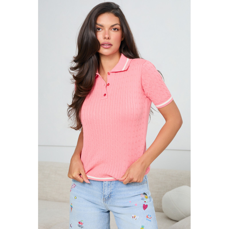 WARKOCZOWY SWETER POLO Z KRÓTKIM RĘKAWEM