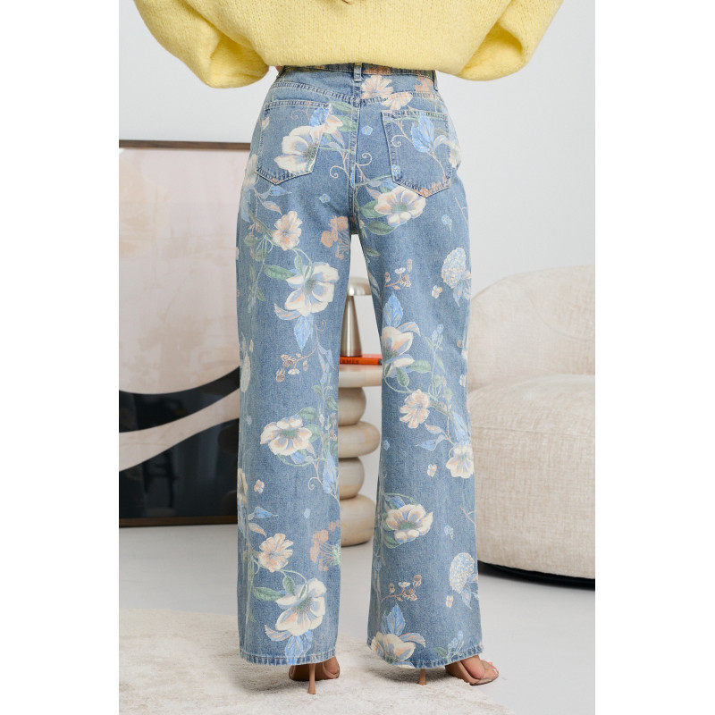 JEANSY STRAIGHT LEG Z WYSOKIM STANEM I KWIATOWYM PRINTEM