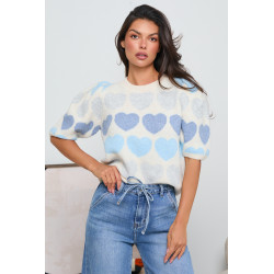 Sweter w serca z krótkimi bufiastymi rękawami