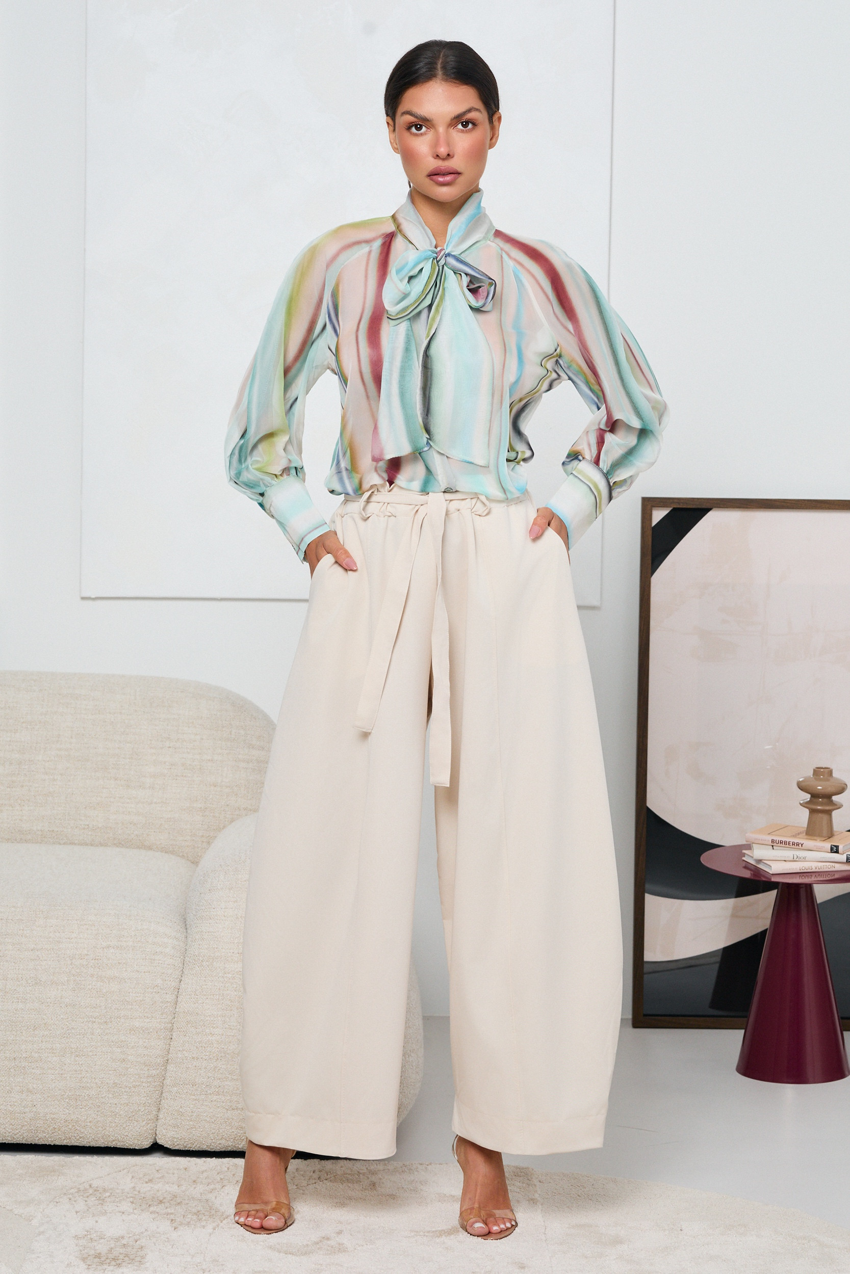 SZEROKIE SPODNIE Z WYSOKIM STANEM I WIĄZANIEM W PASIE