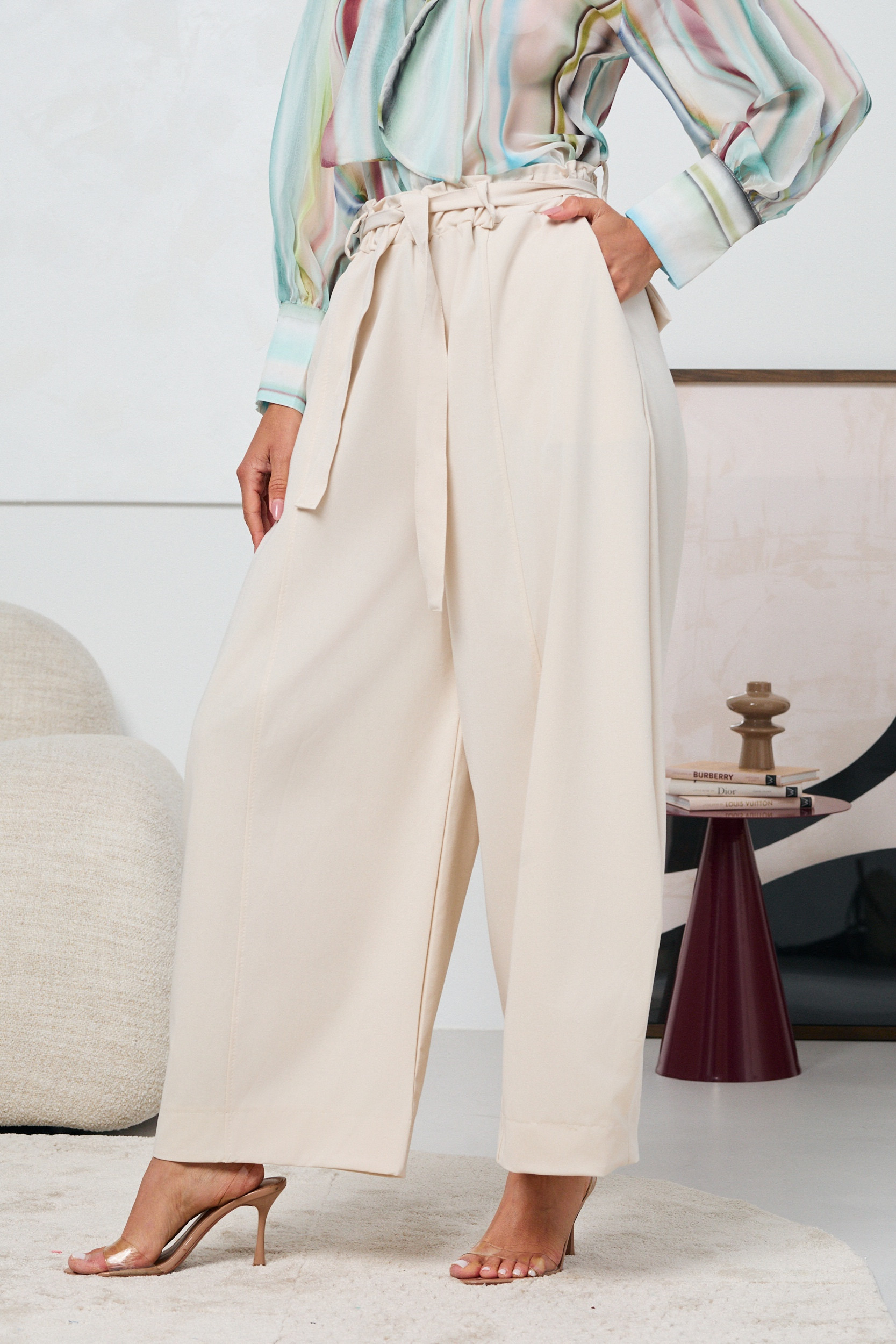 SZEROKIE SPODNIE Z WYSOKIM STANEM I WIĄZANIEM W PASIE