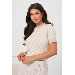 SWETER Z KRÓTKIM RĘKAWEM W ŻAKARDOWY WZÓR W SERCA