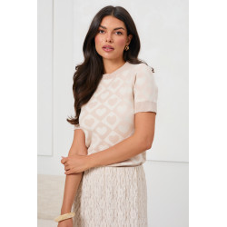 SWETER Z KRÓTKIM RĘKAWEM W ŻAKARDOWY WZÓR W SERCA