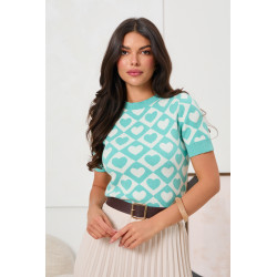 SWETER Z KRÓTKIM RĘKAWEM W ŻAKARDOWY WZÓR W SERCA