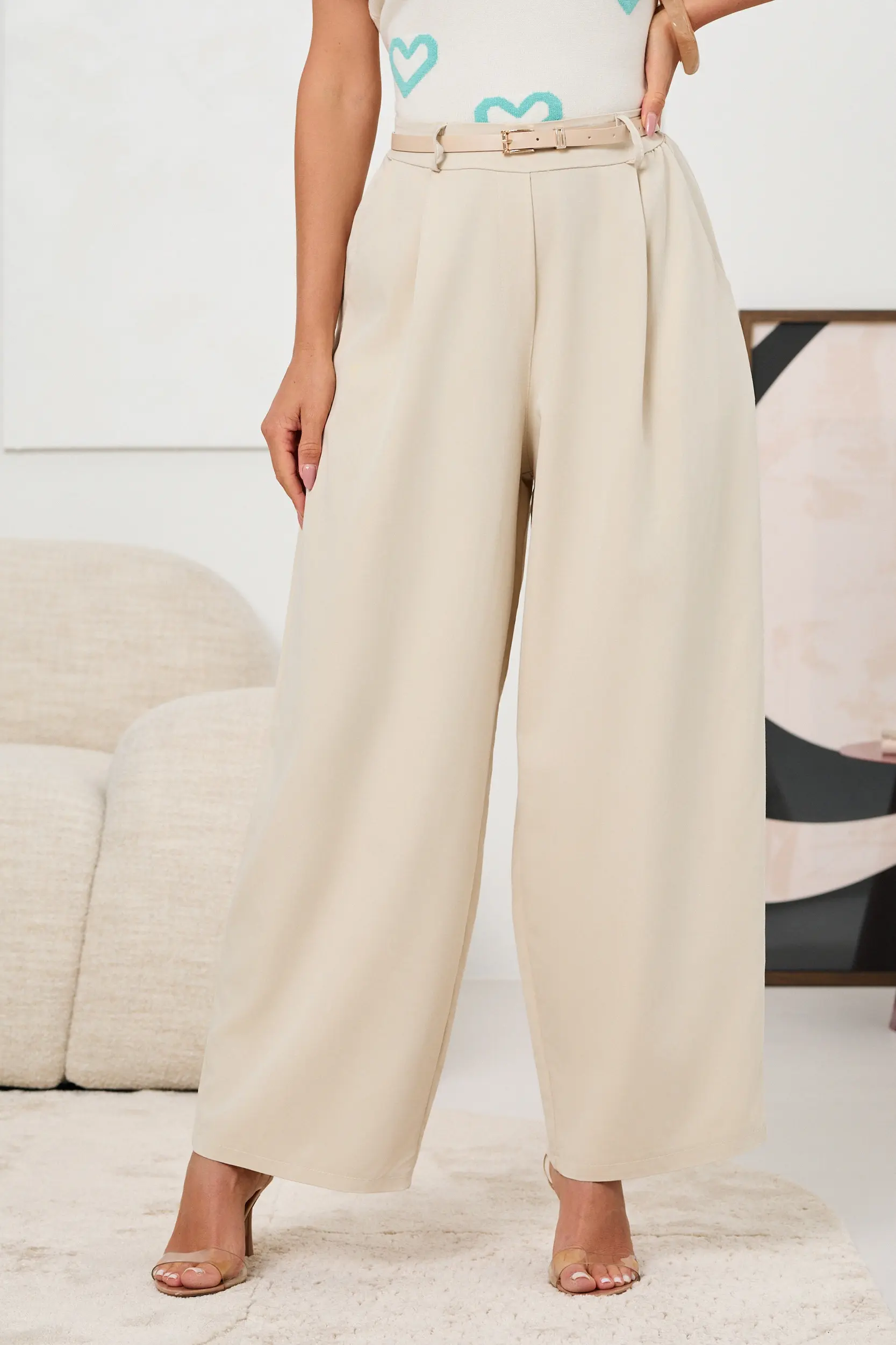 ELEGANCKIE SPODNIE WIDE LEG Z ZASZEWKAMI I PASKIEM
