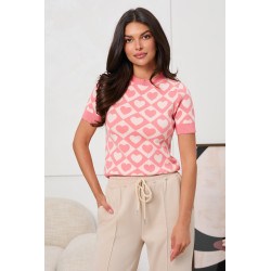 SWETER Z KRÓTKIM RĘKAWEM W ŻAKARDOWY WZÓR W SERCA