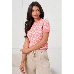 SWETER Z KRÓTKIM RĘKAWEM W ŻAKARDOWY WZÓR W SERCA