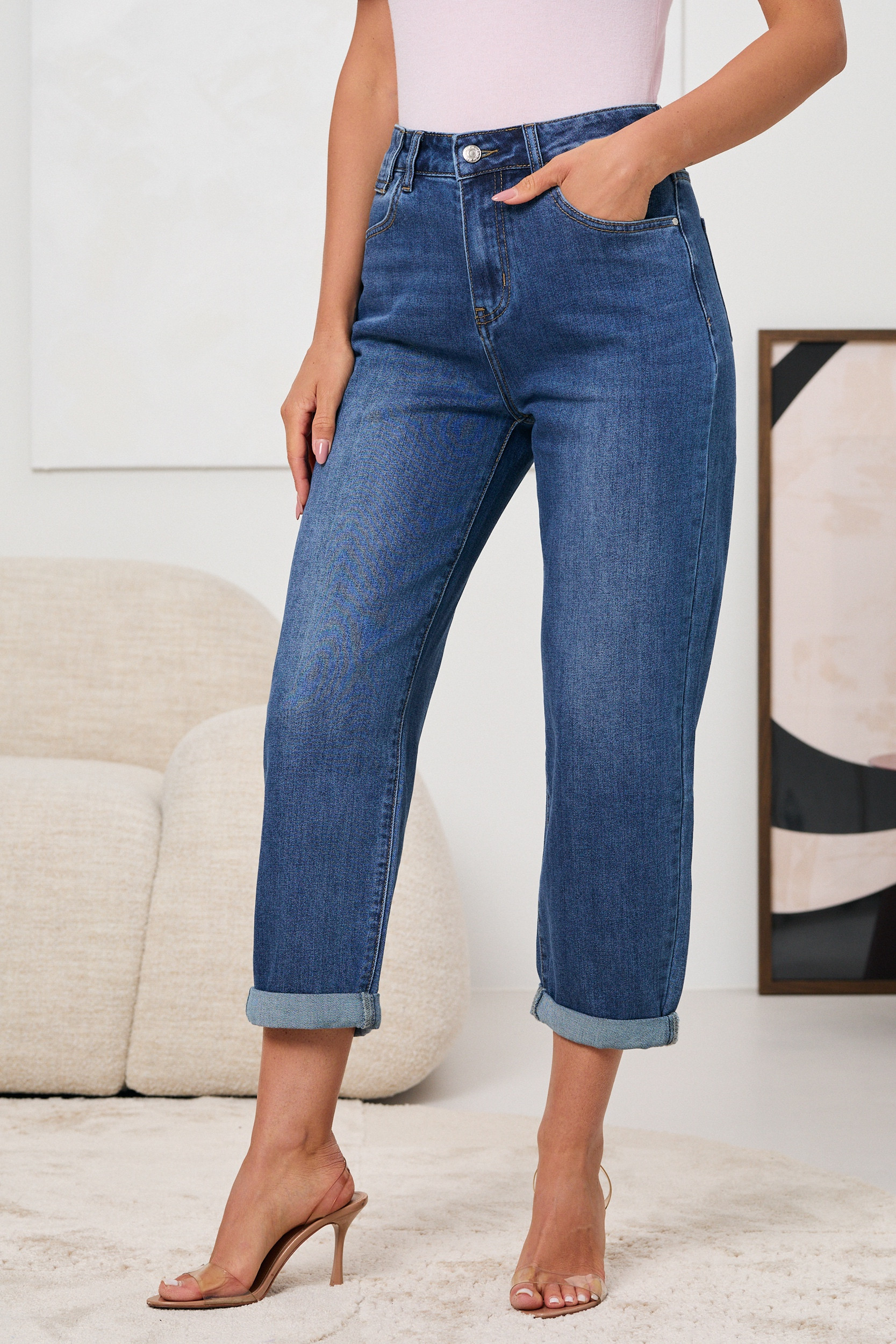 JEANSY Z WYSOKIM STANEM STRAIGHT CROPPED