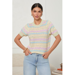 SWETER W PASTELOWE PASY Z OZDOBNYMI PEREŁKAMI