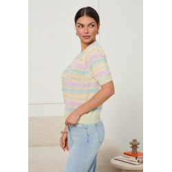 SWETER W PASTELOWE PASY Z OZDOBNYMI PEREŁKAMI