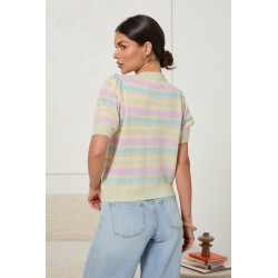 SWETER W PASTELOWE PASY Z OZDOBNYMI PEREŁKAMI