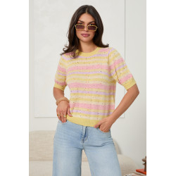 SWETER W PASTELOWE PASY Z OZDOBNYMI PEREŁKAMI