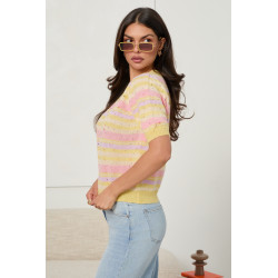 SWETER W PASTELOWE PASY Z OZDOBNYMI PEREŁKAMI