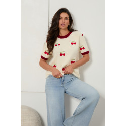 SWETER Z KRÓTKIM RĘKAWEM Z HAFTOWANYMI WIŚNIAMI