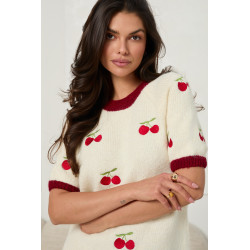 SWETER Z KRÓTKIM RĘKAWEM Z HAFTOWANYMI WIŚNIAMI