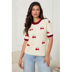 SWETER Z KRÓTKIM RĘKAWEM Z HAFTOWANYMI WIŚNIAMI