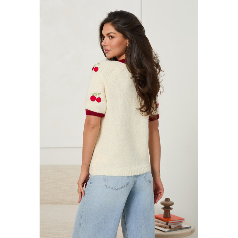 SWETER Z KRÓTKIM RĘKAWEM Z HAFTOWANYMI WIŚNIAMI