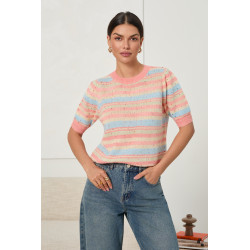 SWETER W PASTELOWE PASY Z OZDOBNYMI PEREŁKAMI