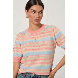 SWETER W PASTELOWE PASY Z OZDOBNYMI PEREŁKAMI