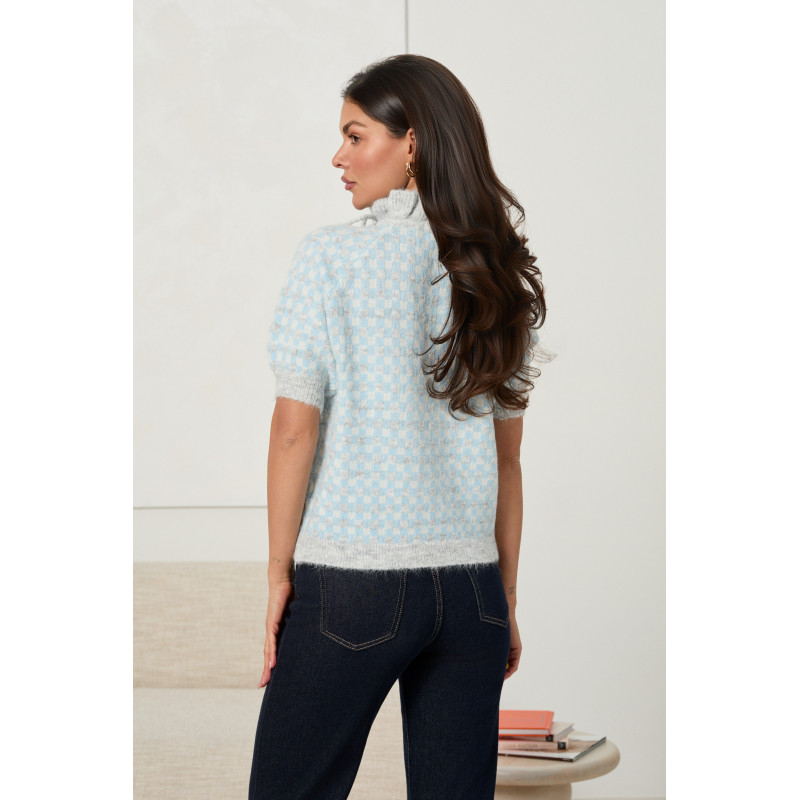 ŻAKARDOWY SWETER ZE STÓJKĄ I WIĄZANIEM