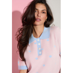 SWETER Z KOŁNIERZYKIEM POLO W ŻAKARDOWE GROCHY