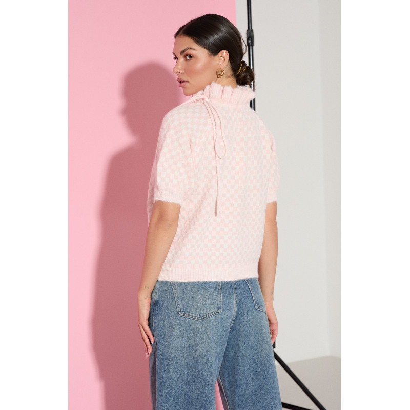 ŻAKARDOWY SWETER ZE STÓJKĄ I WIĄZANIEM