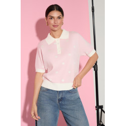 SWETER Z KOŁNIERZYKIEM POLO W ŻAKARDOWE GROCHY