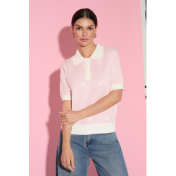 SWETER Z KOŁNIERZYKIEM POLO W ŻAKARDOWE GROCHY