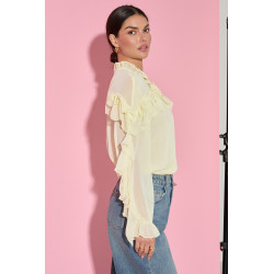 KOSZULA Z FALBANAMI I DEKORACYJNĄ RÓŻĄ PRZY DEKOLCIE