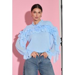 KOSZULA Z FALBANAMI I DEKORACYJNĄ RÓŻĄ PRZY DEKOLCIE