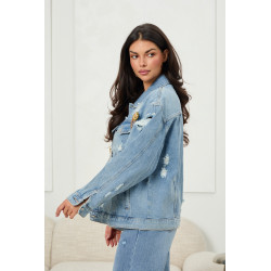 Jeansowa kurtka z aplikacjami i przetarciami - Sprzedaż hurtowa online | italiamoda.pl