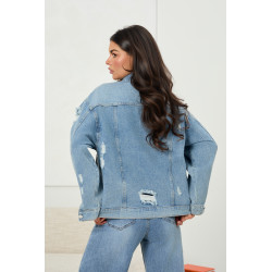 Jeansowa kurtka z aplikacjami i przetarciami - Sprzedaż hurtowa online | italiamoda.pl