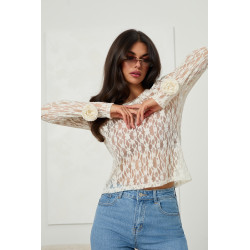 Bluzka z koronkowym wzorem i ozdobnymi kwiatami przy rękawach