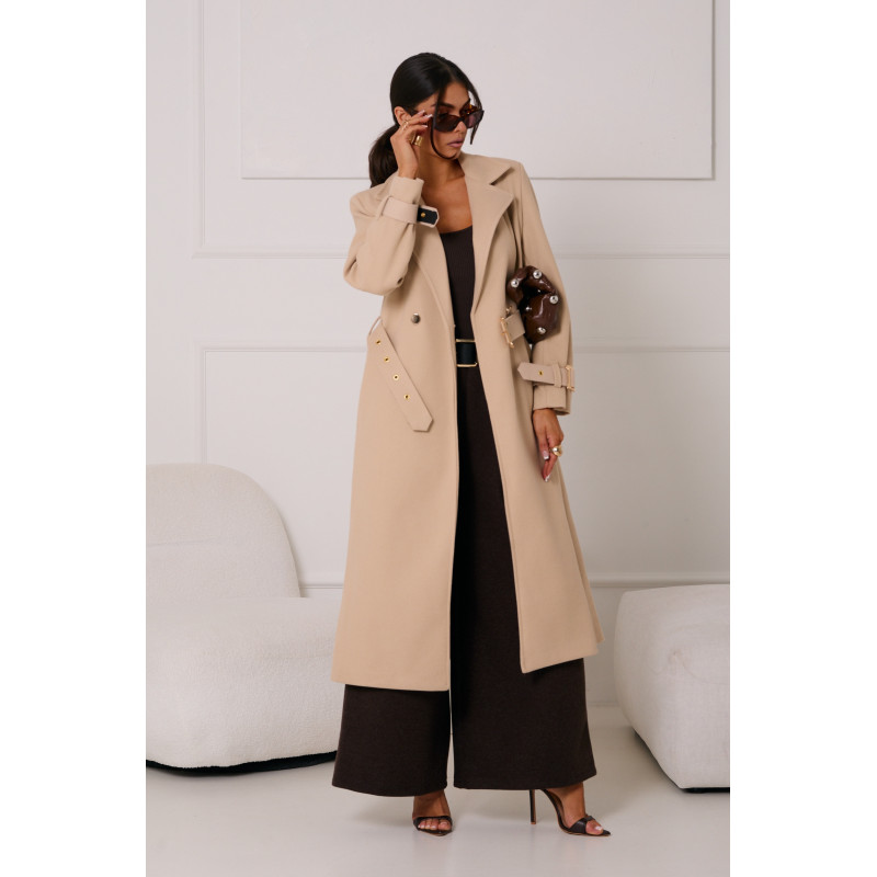 DŁUGI PŁASZCZ Z PASKIEM I ZŁOTYMI KLAMRAMI
