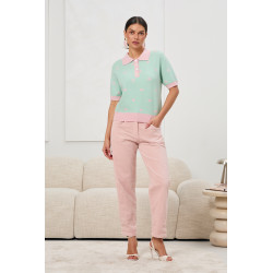 SWETER Z KOŁNIERZYKIEM POLO W ŻAKARDOWE GROCHY