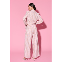 Spodnie w kratę z szeroką nogawką i wiązaniem