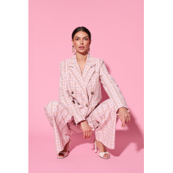 Spodnie w kratę z szeroką nogawką i wiązaniem