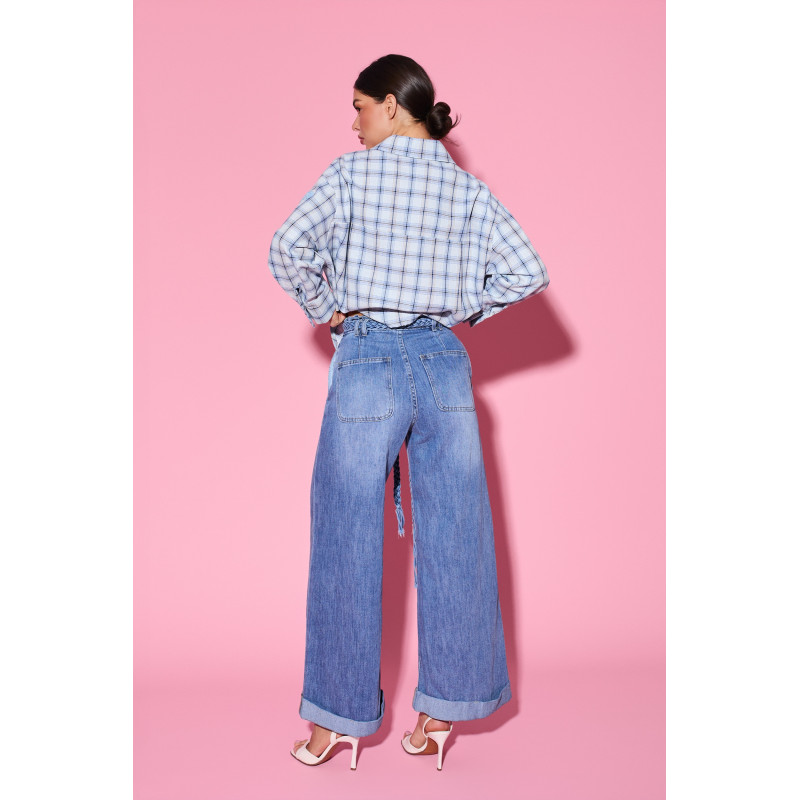 Jeansy wide leg z plecionym paskiem