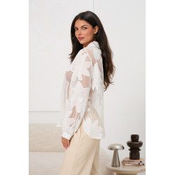 Koszula z transparentnej siateczki z haftem w kwiaty | Hurtownia italiamoda.pl