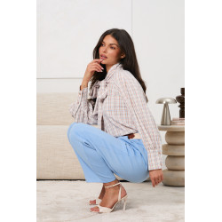 Koszula w kratę z wiązaniem przy szyi | Hurtownia odzieży na sztuki