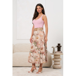 Spódnica midi w pastelowe kwiaty z szerokim paskiem | Hurt odzieży damskiej