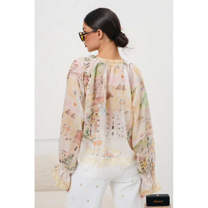 Bluzka z pastelowym nadrukiem i wiązanymi rękawami