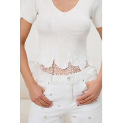 Prążkowana bluzka z koronkowym wykończeniem | Hurtownia odzieży na sztuki