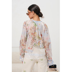 Bluzka z pastelowym nadrukiem i wiązanymi rękawami