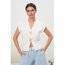 Bluzka z dekoltem V i ozdobnymi złotymi zapięciami | Hurt odzieży damskiej online