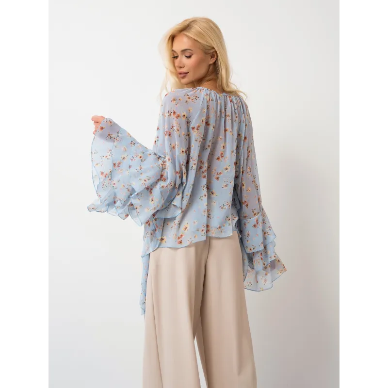 Szyfonowa bluzka w kwiaty z falbanami i szerokimi rękawami