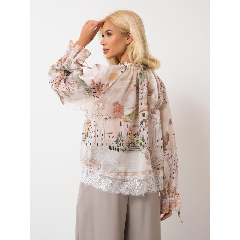 Bluzka z pastelowym nadrukiem i wiązanymi rękawami