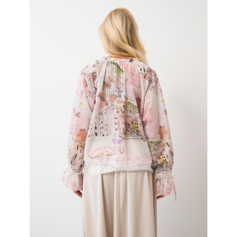 Bluzka z pastelowym nadrukiem i wiązanymi rękawami